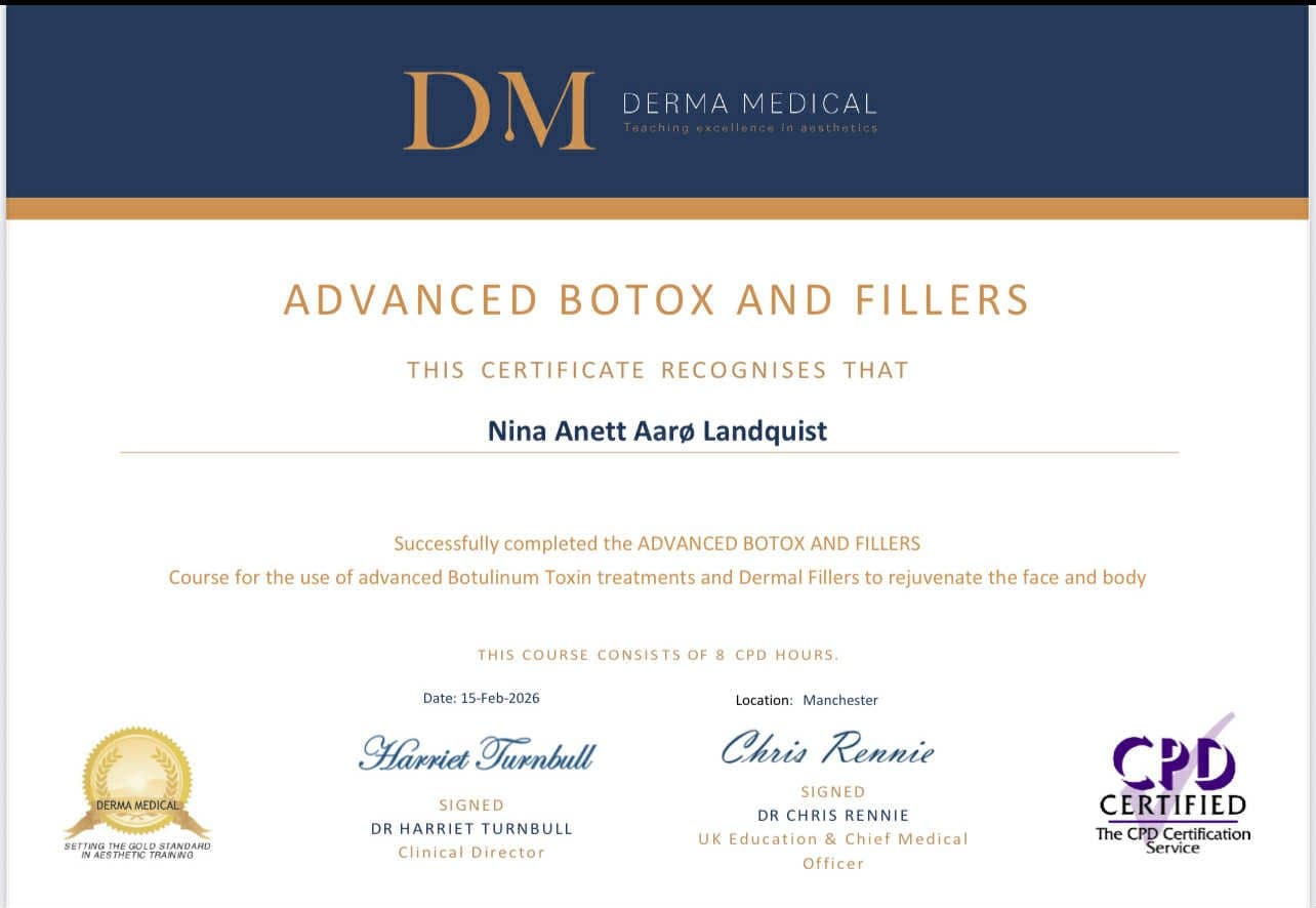 Sertifikat fra Derma Medical: Nina Anett Aarø Landquist har fullført kurset Advanced Botox and Fillers, CPD-sertifisert